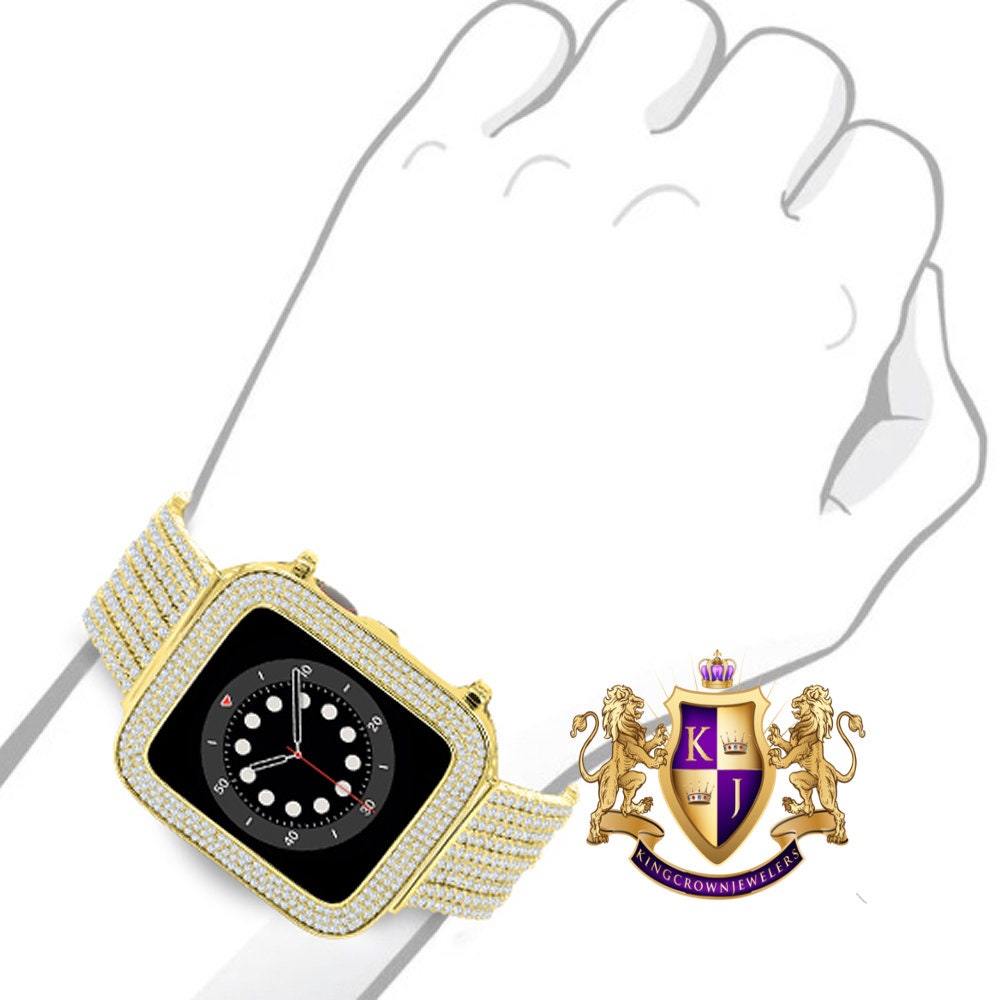 14K Yellow Gold Finish Micro Pave Simulated Diamond 12 Cwt. Apple Watch Bezel 44 mm Fit Series # 4,5,6 Custom Cover Case + Matching Band