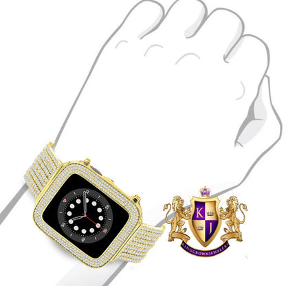 14K Yellow Gold Finish Micro Pave Simulated Diamond 12 Cwt. Apple Watch Bezel 44 mm Fit Series # 4,5,6 Custom Cover Case + Matching Band
