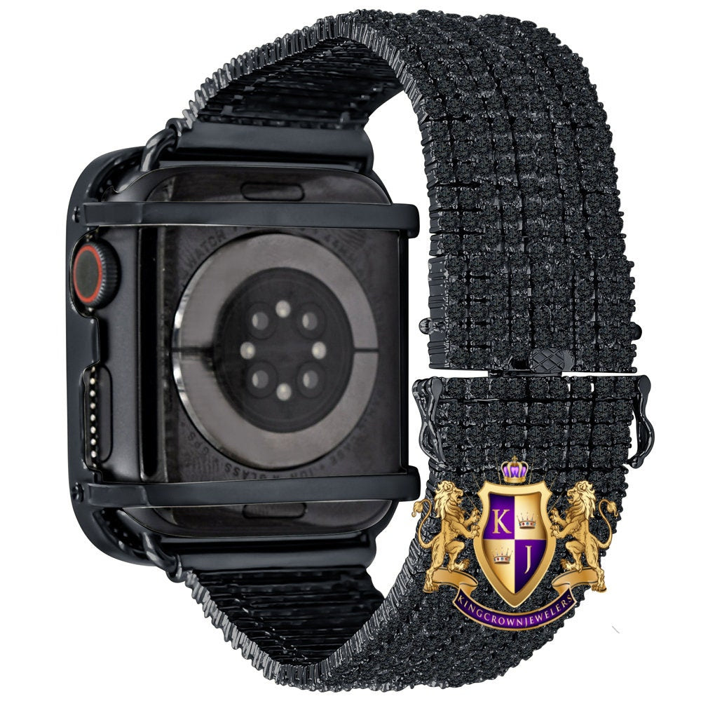 14K Black Gold Finish Micro Pave Simulated Diamond 12 Cwt. Apple Watch Bezel 44 mm Fit Series # 4,5,6 Custom Cover Case + Matching Band