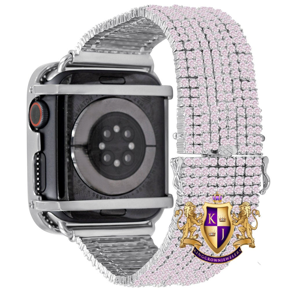 White Tone Soft Baby Pink  Micro Pave Simulated Diamond 12 Cwt. Apple Watch Bezel 44 mm Fit Series # 4,5,6 Custom Cover Case + Matching Band