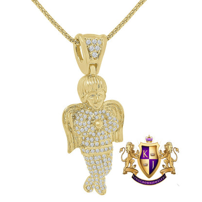 Praying Hands Holy Religious Charm 14K Gold Over Simulated Diamond Angel Pendent Chain Set Unisex 2.75''