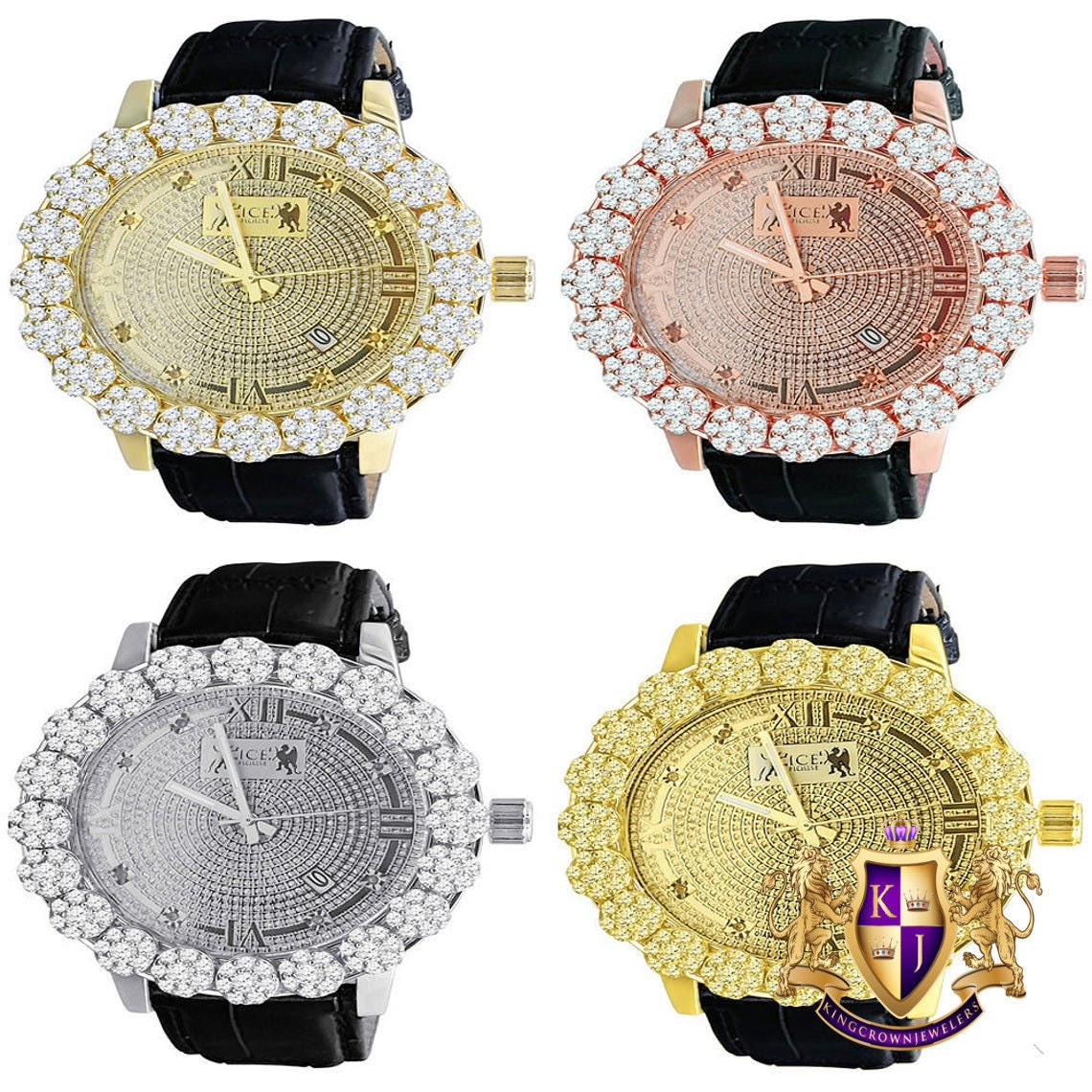 Genuine Leather Strap Band W/Date Function Roman Face Men's Custom Flower Bezel Gold Finish Real Diamond Dial Wrist Watch Analog Steel Back