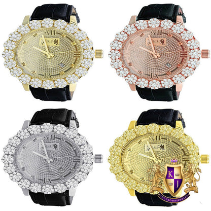Genuine Leather Strap Band W/Date Function Roman Face Men's Custom Flower Bezel Gold Finish Real Diamond Dial Wrist Watch Analog Steel Back