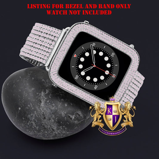 White Tone Soft Baby Pink  Micro Pave Simulated Diamond 12 Cwt. Apple Watch Bezel 44 mm Fit Series # 4,5,6 Custom Cover Case + Matching Band