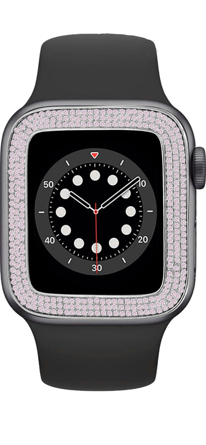 White Tone Soft Baby Pink  Micro Pave Simulated Diamond 12 Cwt. Apple Watch Bezel 44 mm Fit Series # 4,5,6 Custom Cover Case + Matching Band