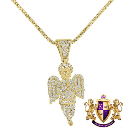 14K Gold Over Simulated Diamond Praying Hands Holy Religious Mini Charm Angel Pendent Chain Set Unisex