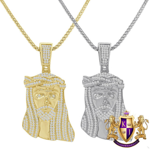 14K Gold Finish Simulated Diamond Mini Jesus Face Piece Charm Pendent Chain Set 2''