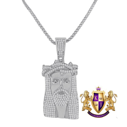 Unisex 14K Gold Finish Simulated Diamond Mini Jesus Face Piece Charm Pendent Chain Set 2''