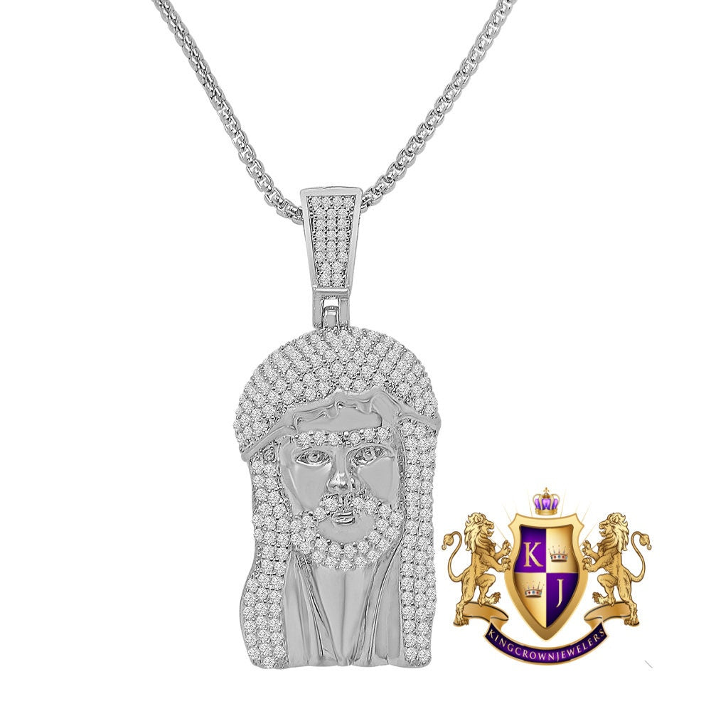 Men's Ladies 14K Gold Finish Simulated Diamond Jesus Face Piece Charm Pendent Chain Set 2.25''