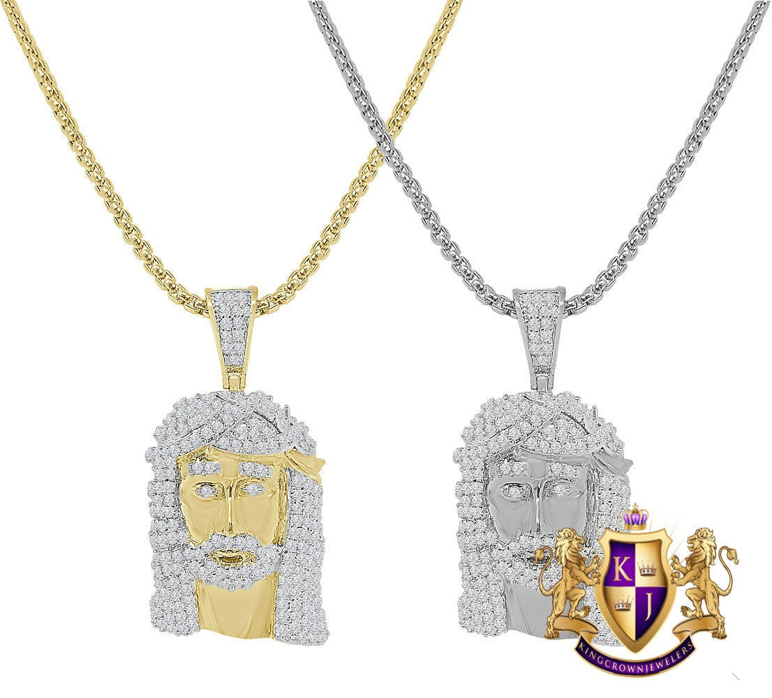 Mini Jesus Face Piece 1.60'' 14K Gold Finish Simulated Diamond Charm Pendent Chain Set