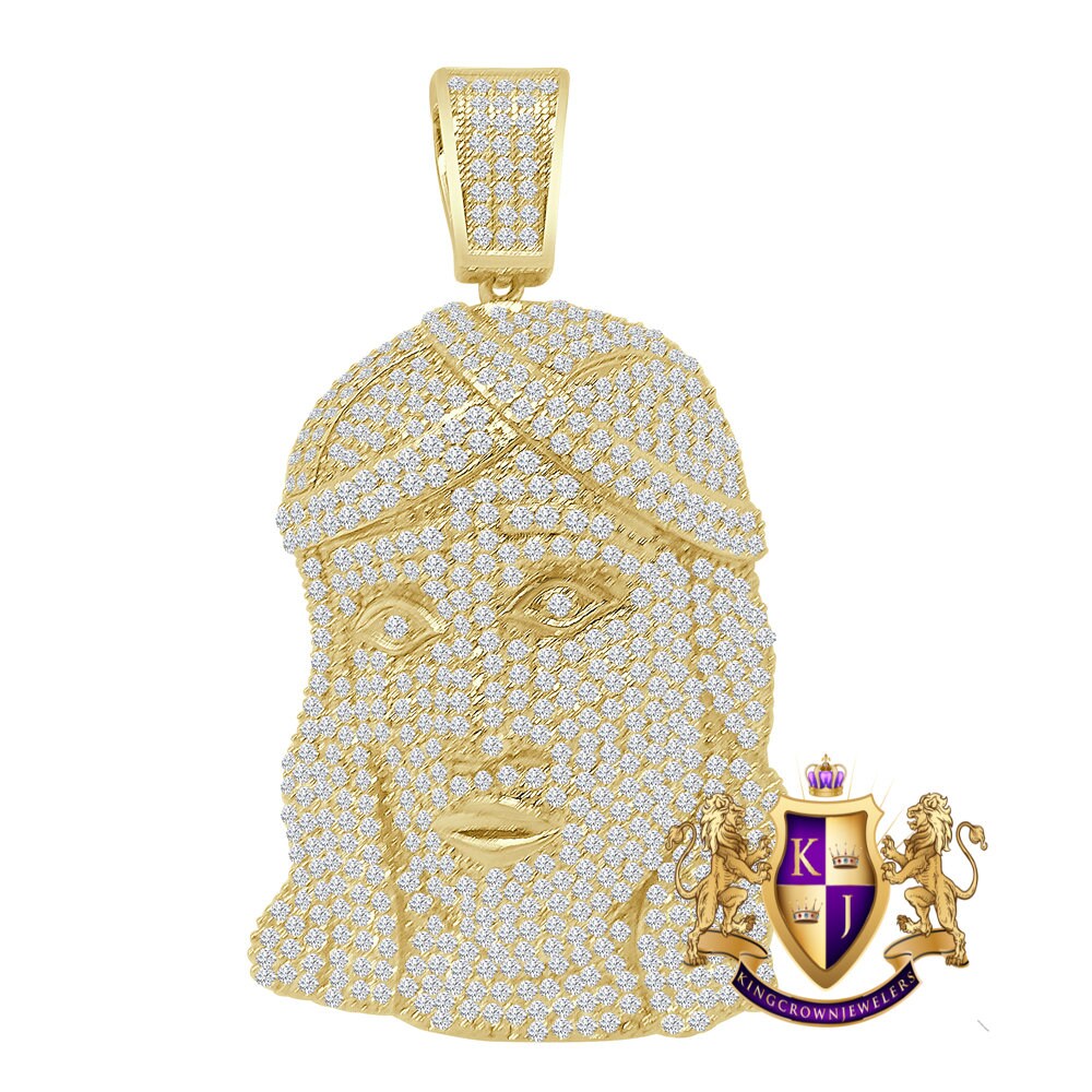 Men's Religious Jesus Face 14K Gold Tone Simulated Diamond Micro Pave Crown Holy God Pendant XL 3''
