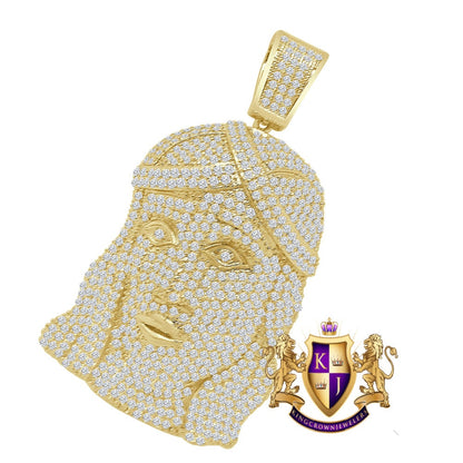 Men's Religious Jesus Face 14K Gold Tone Simulated Diamond Micro Pave Crown Holy God Pendant XL 3''