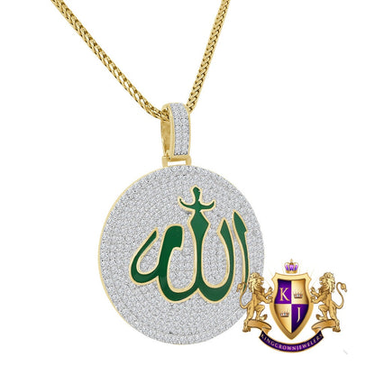 Real Genuine Sterling Silver 14K Gold Over Green Enamel Simulated Diamond Allah God Muslim Medallion Islamic Arabic Charm Pendant Chain Set