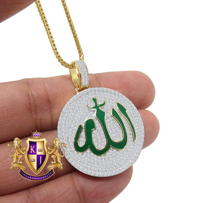 Real Genuine Sterling Silver 14K Gold Over Green Enamel Simulated Diamond Allah God Muslim Medallion Islamic Arabic Charm Pendant Chain Set