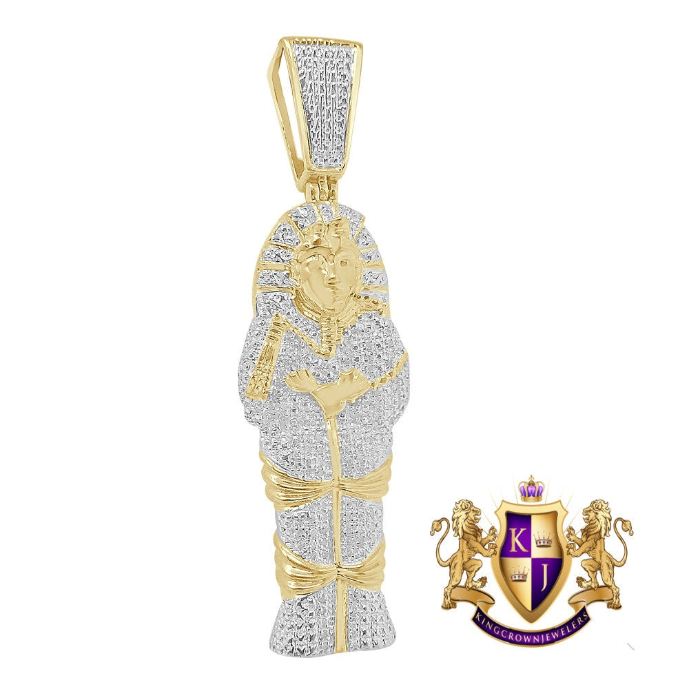 Real Genuine Diamond Egyptian King Tut Pharaoh Mummy Pendent 10K Gold Over Charm 2.70''