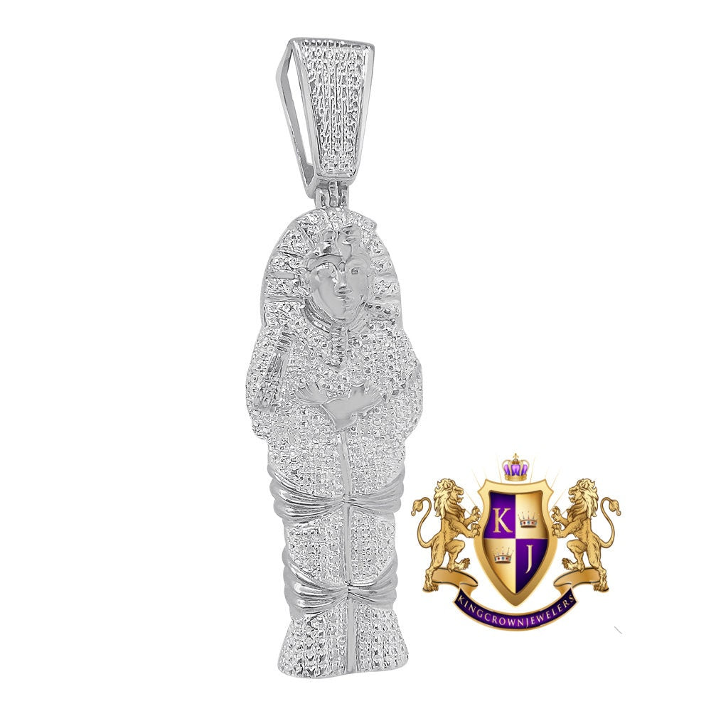 Real Genuine Diamond Egyptian King Tut Pharaoh Mummy Pendent 10K Gold Over Charm 2.70''