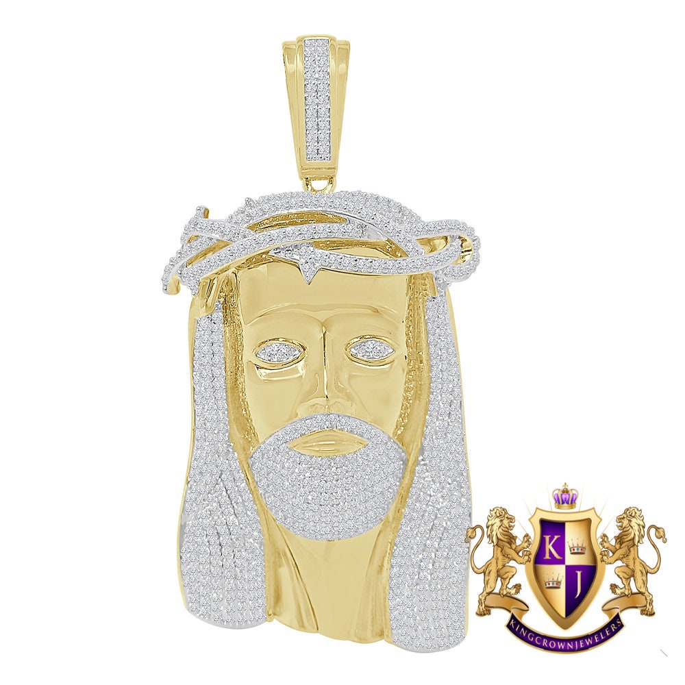 Men's Custom Jesus Face Piece Charm 14K Yellow Gold Finish Simulated Diamond Pendent Big 3.5;;