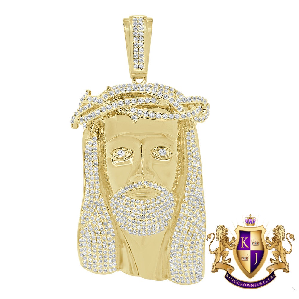 Men's Custom Jesus Face Piece Charm 14K Yellow Gold Finish Simulated Diamond Pendent Big 3.5;;