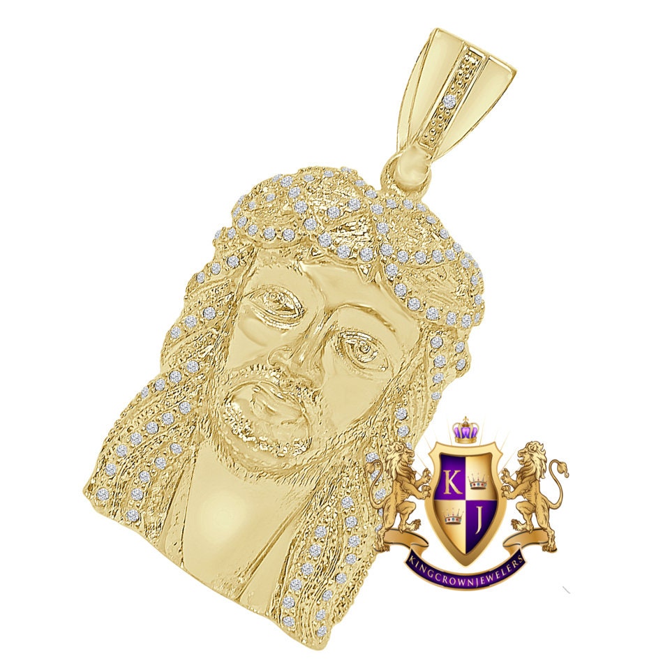 14K Yellow Gold Finish Simulated Diamond Jesus Face Piece Men's Charm Pendent 3.25''