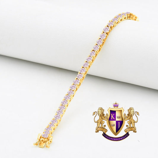 Soft Baby Pink High Quality Men's Ladies 14K Yellow Gold Over Simulated Diamond 1 Row Tennis Bracelet 4mm