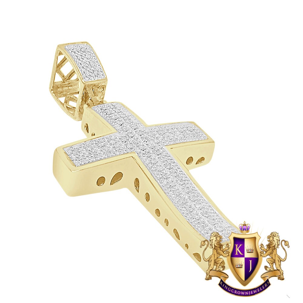 Real Genuine Diamond 0.40 Cwt. Jesus Cross 10k Yellow Gold Over Charm Pendant 2''