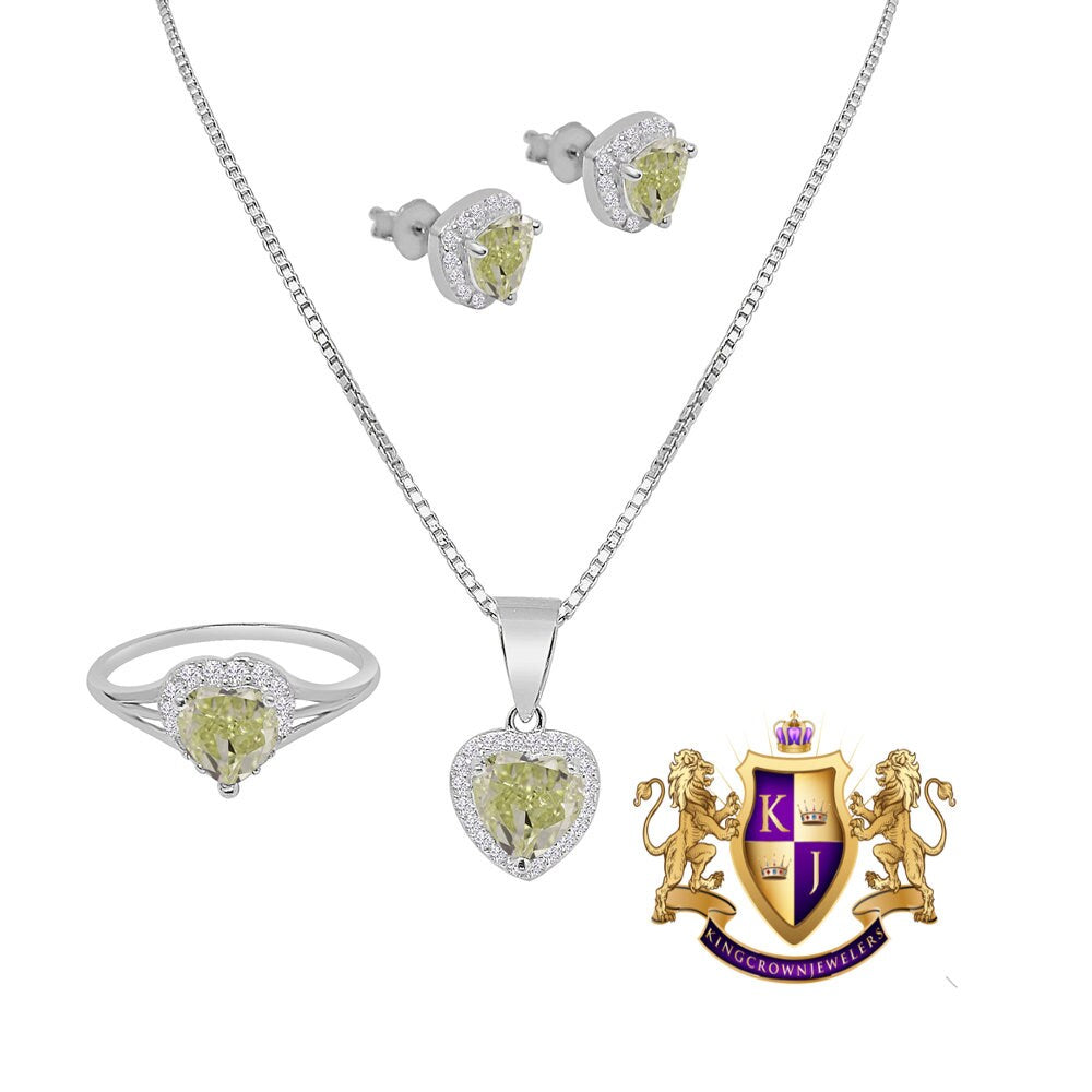 Yellow Green Ladies 10K White Gold Over Real Sterling Silver Love Heart Pendent Charm Chain Neckless Earrings Ring 3 Piece Combo Set
