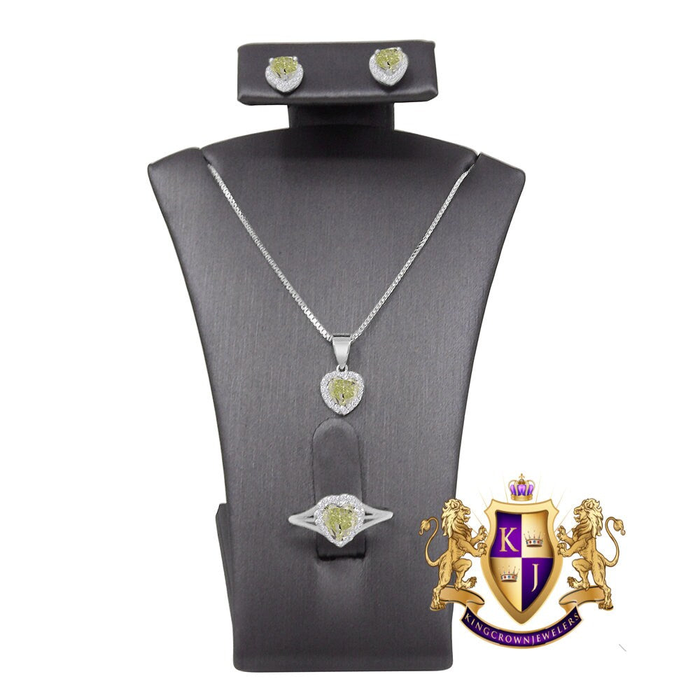 Yellow Green Ladies 10K White Gold Over Real Sterling Silver Love Heart Pendent Charm Chain Neckless Earrings Ring 3 Piece Combo Set