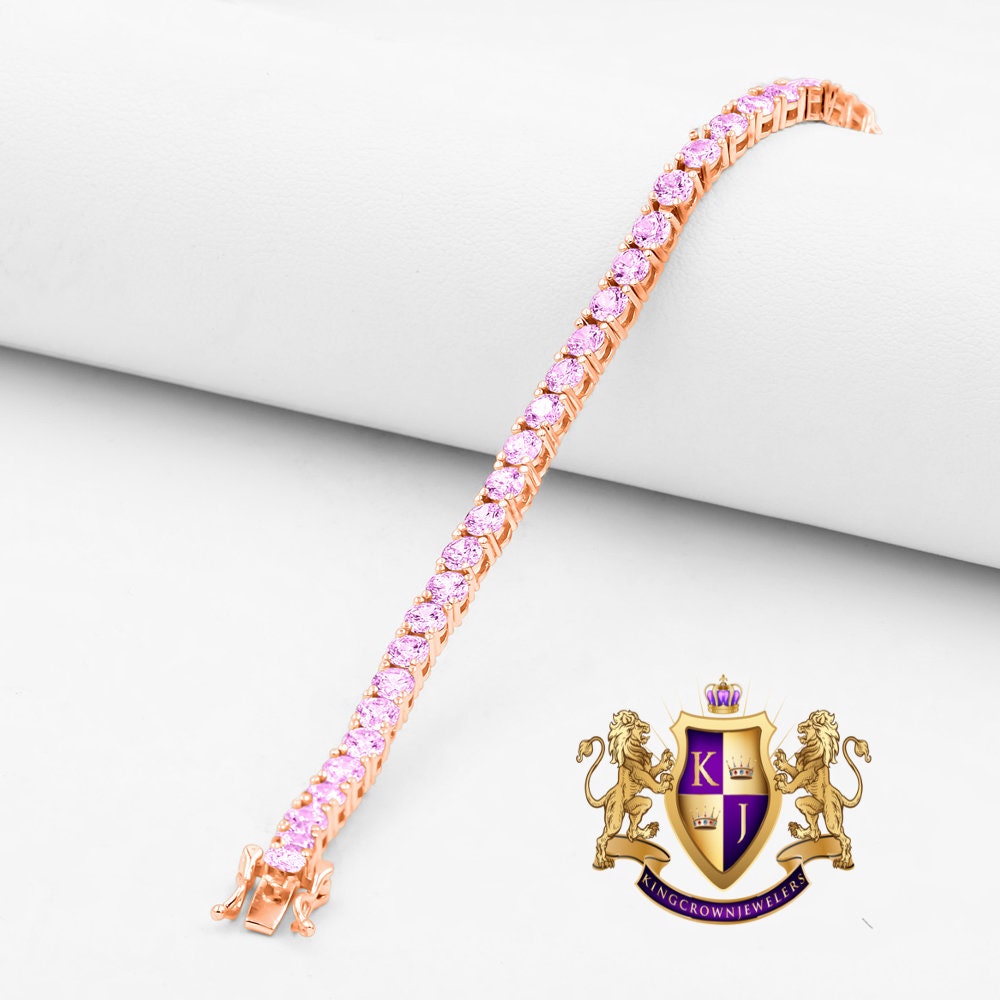 Soft Baby Pink High Quality Men's Ladies 14K Yellow Gold Over Simulated Diamond 1 Row Tennis Bracelet 4mm