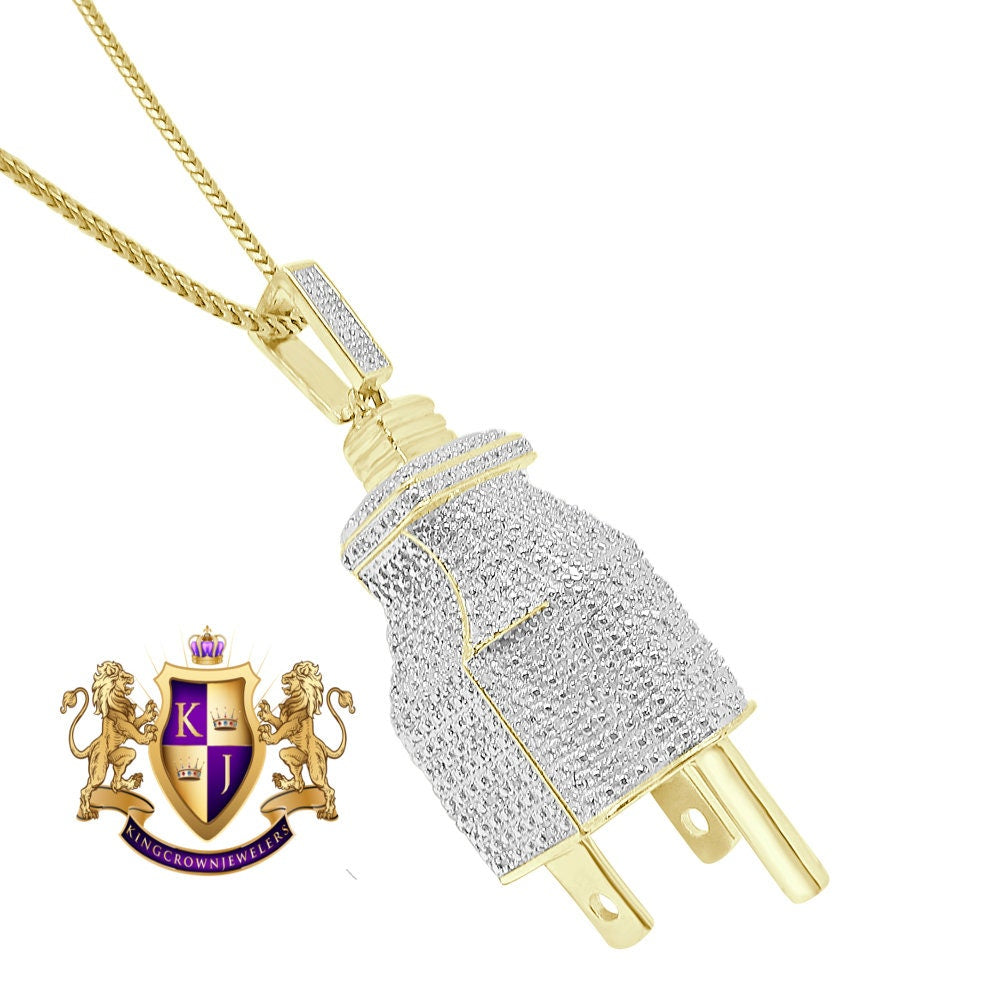 Men's Real Genuine Diamond 10K Gold Over Electric Plug Socket Pendent Charm Chain Set