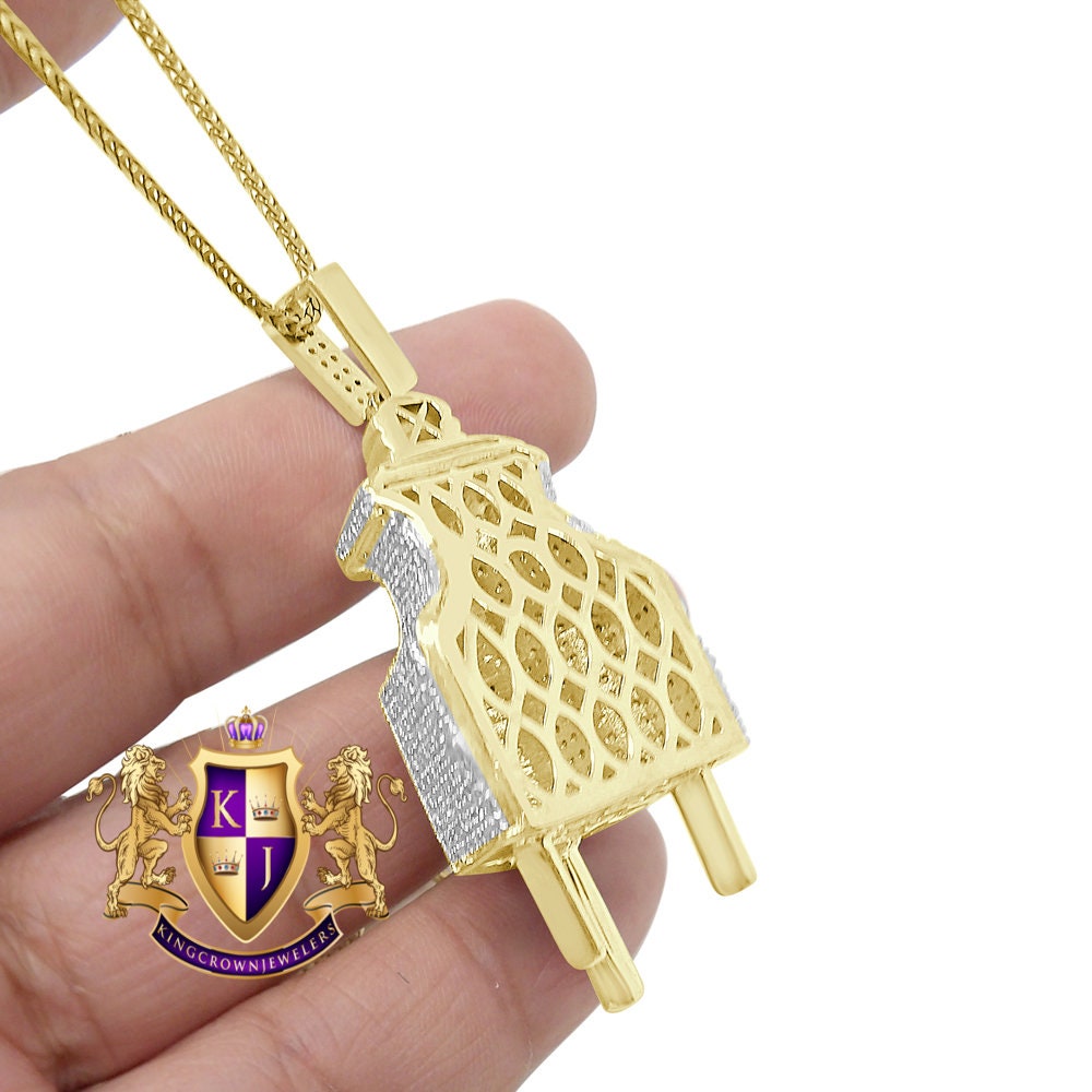 Men's Real Genuine Diamond 10K Gold Over Electric Plug Socket Pendent Charm Chain Set