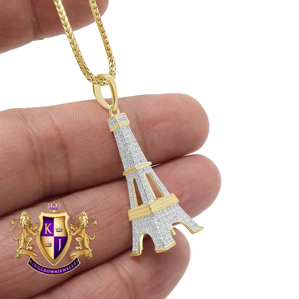 Men's Real Genuine Diamond 0.80 Cwt. 10K Gold Over Paris Eiffel Tower Pendent Charm Chain Set