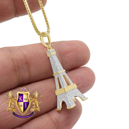Men's Real Genuine Diamond 0.80 Cwt. 10K Gold Over Paris Eiffel Tower Pendent Charm Chain Set