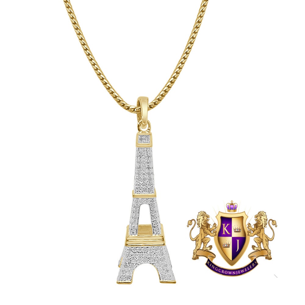 Men's Real Genuine Diamond 0.80 Cwt. 10K Gold Over Paris Eiffel Tower Pendent Charm Chain Set
