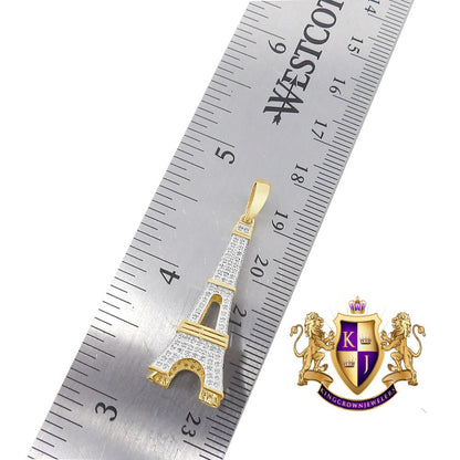 Men's Real Genuine Diamond 0.80 Cwt. 10K Gold Over Paris Eiffel Tower Pendent Charm Chain Set