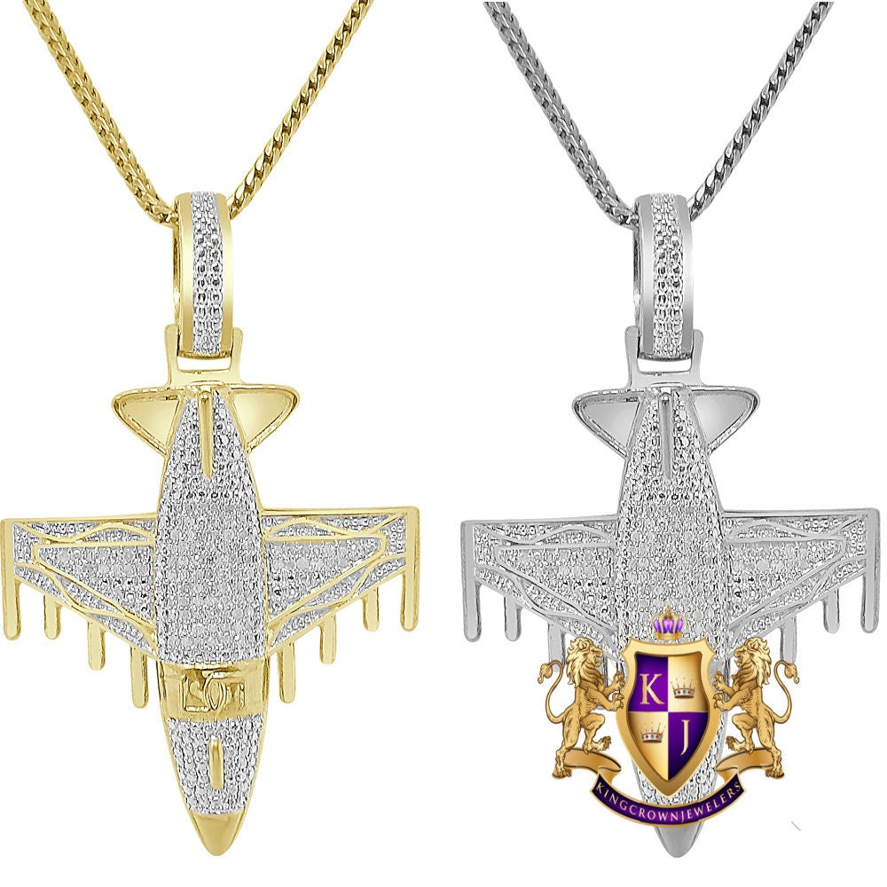Men's Real Genuine Authentic Diamond 0.33 Cwt. 10K Solid Gold Over Airplane Jet Exclusive Custom Piece Pendant Charm Chain Set 15+ Grams