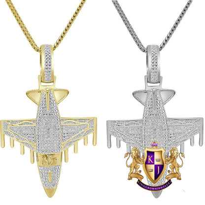 Men's Real Genuine Authentic Diamond 0.33 Cwt. 10K Solid Gold Over Airplane Jet Exclusive Custom Piece Pendant Charm Chain Set 15+ Grams