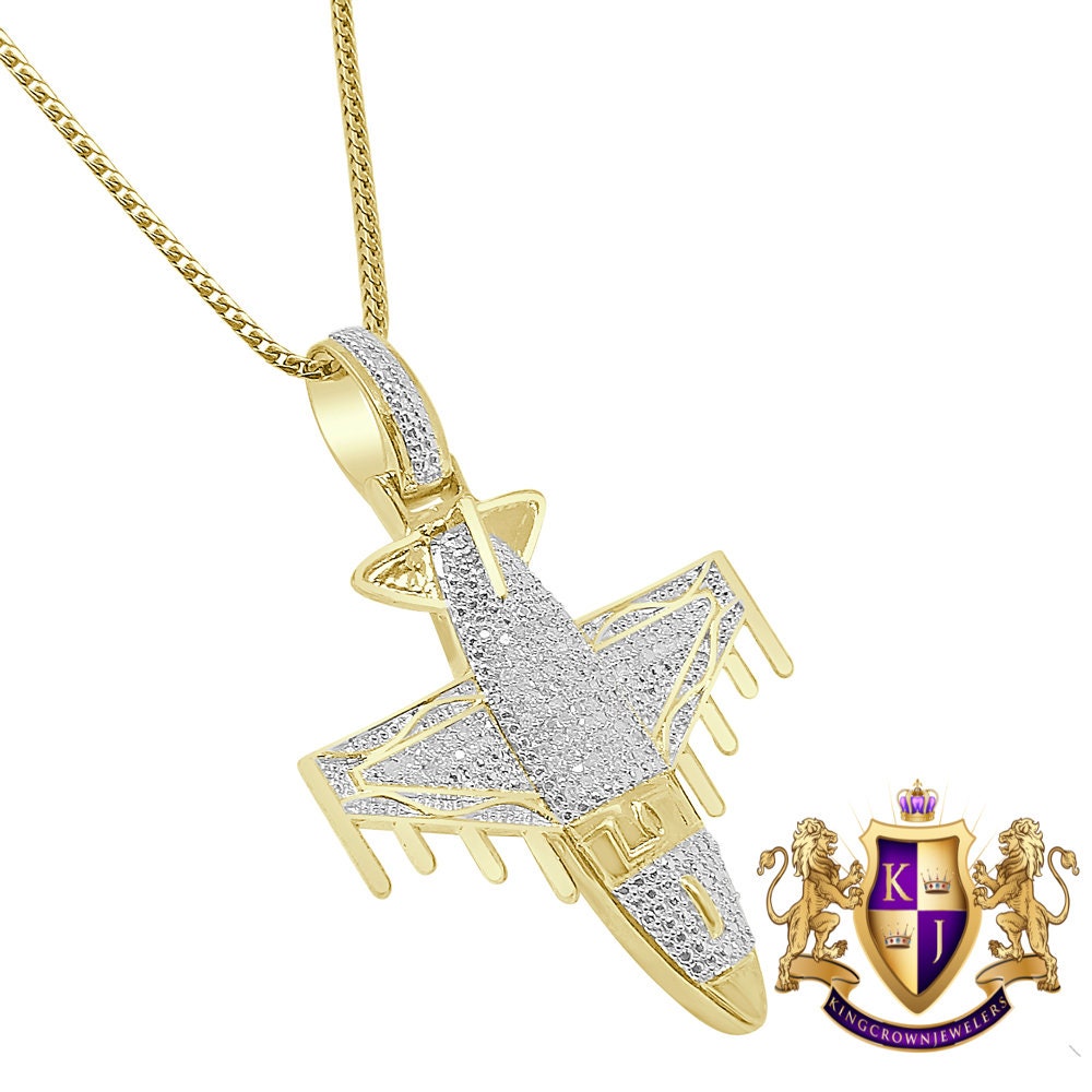 Men's Real Genuine Authentic Diamond 0.33 Cwt. 10K Solid Gold Over Airplane Jet Exclusive Custom Piece Pendant Charm Chain Set 15+ Grams
