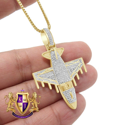 Men's Real Genuine Authentic Diamond 0.33 Cwt. 10K Solid Gold Over Airplane Jet Exclusive Custom Piece Pendant Charm Chain Set 15+ Grams