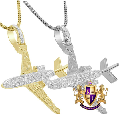 Men's Real Genuine Authentic Diamond 10K Gold Over Airplane Pendent Charm Chain Set