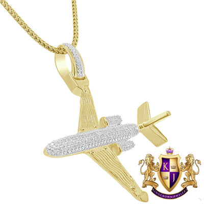 Men's Real Genuine Authentic Diamond 10K Gold Over Airplane Pendent Charm Chain Set
