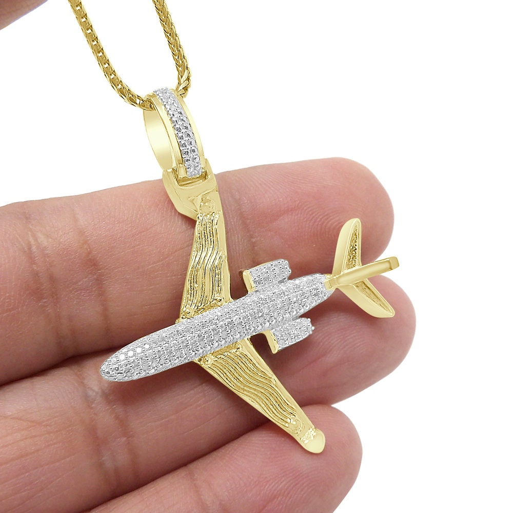 Men's Real Genuine Authentic Diamond 10K Gold Over Airplane Pendent Charm Chain Set