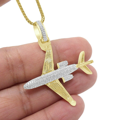 Men's Real Genuine Authentic Diamond 10K Gold Over Airplane Pendent Charm Chain Set