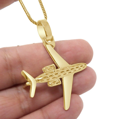 Men's Real Genuine Authentic Diamond 10K Gold Over Airplane Pendent Charm Chain Set