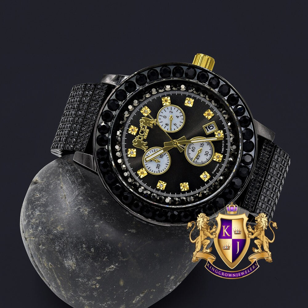 Full Solid Stainless Steel Lemonade 18K Black Gold Finish Simulated Diamond 5 ATM Water Resistant Men's Watch With Date Function Big 54 MM