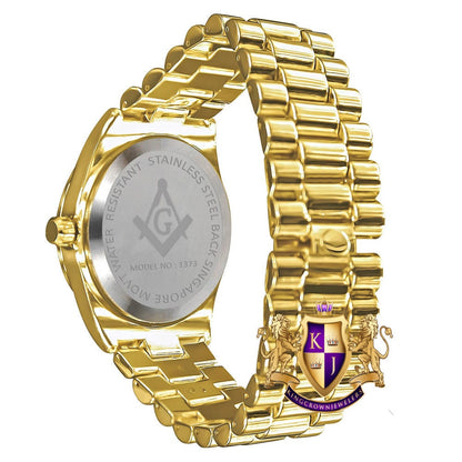 Men's Gold Finish White Dial Freemason Masonic G Compass Lab Diamond Steel Back Metal Band Watch Water Resistant 40mm