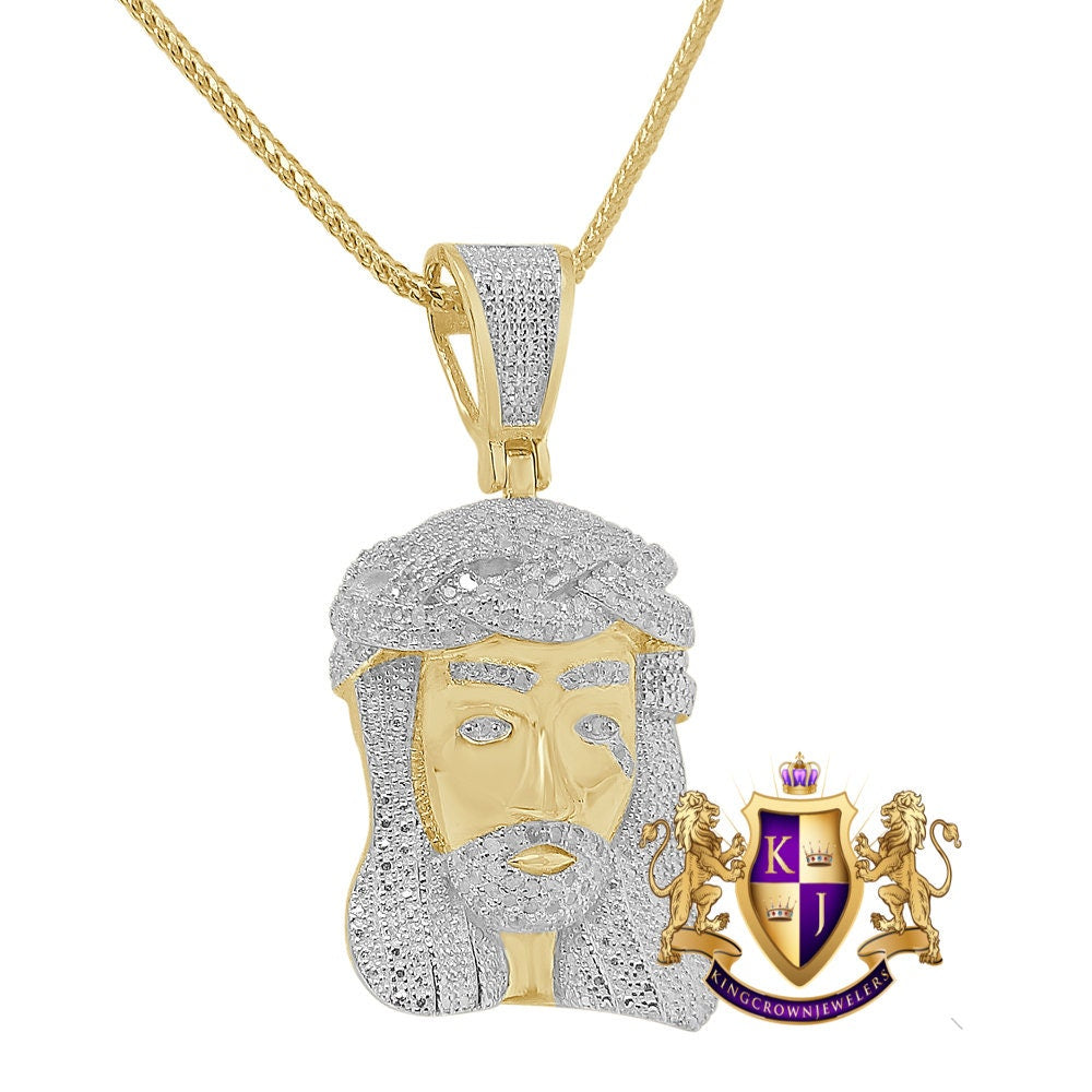 Real Genuine Diamond 0.85 Cwt. Jesus Face Piece Pendant 10K Gold Finish Mini Charm Chain Set Unisex