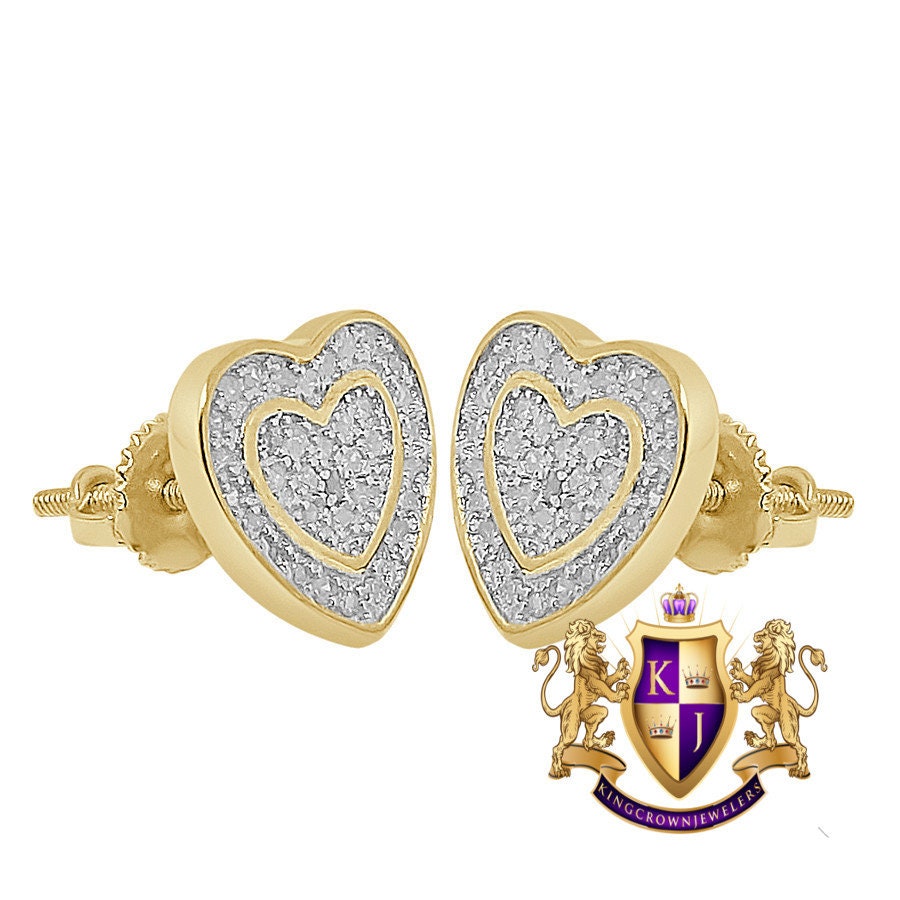 Real Genuine Diamonds 10K Gold Over Love Heart Shape Screw Back Unisex Earrings Stud Small 10 mm