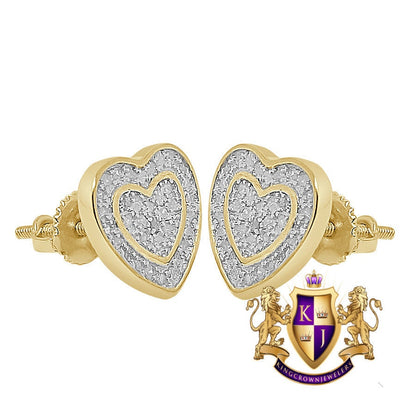 Real Genuine Diamonds 10K Gold Over Love Heart Shape Screw Back Unisex Earrings Stud Small 10 mm
