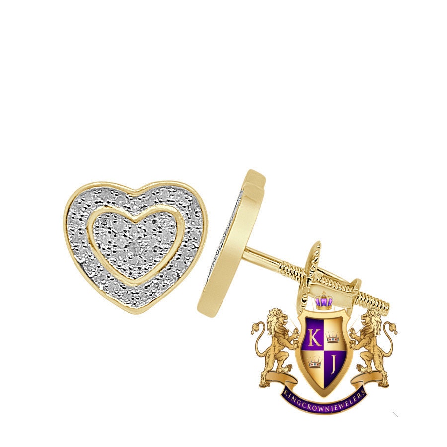 Real Genuine Diamonds 10K Gold Over Love Heart Shape Screw Back Unisex Earrings Stud Small 10 mm