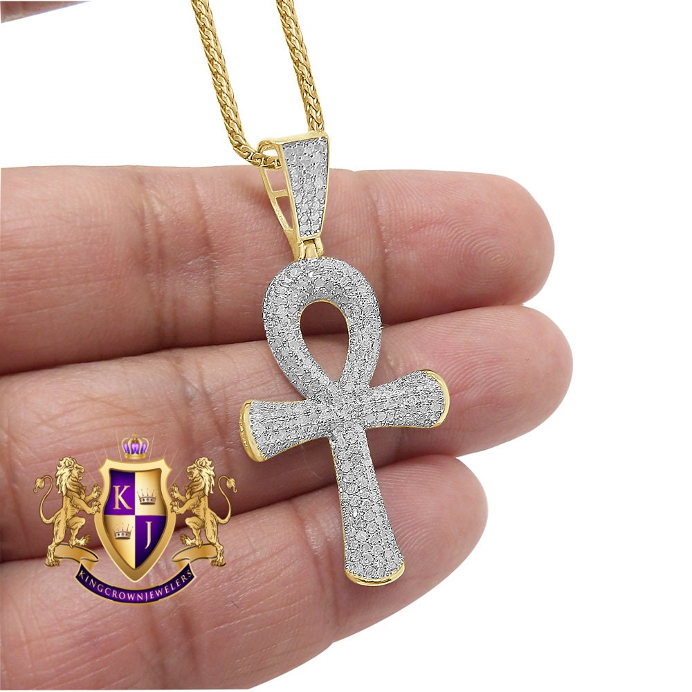 Real Genuine Diamond 1.45 Cwt. Egyptian Ankh Cross Pendant 10K Gold Finish Charm Chain Set Unisex 1.80''